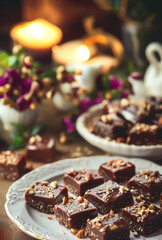 Fototapeta na wymiar Indian Chocolate Burfi Or Chocolate Barfi, Delicious Indian Sweet Holiday Treat, Chopped Nut, Almond, Pistachios, Candles and Flower On Wooden Table. Festivals, Celebration. Ai Generated Vertical