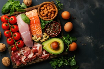 Sources of healthy proteins, omega 3, omega 6 fats, vitamins and minerals: red fish fillet, chicken, meat, avacado, nuts, tomatoes and herbs. View from above. Flat Lay. With space for text
