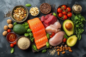 Concept of healthy omega 3, omega 6 fats and healthy proteins. Red oily sea fish meat, chicken fillet, beef, avacado, walnuts, almonds, sesame seeds and spinach. Top view, flat lay - obrazy, fototapety, plakaty