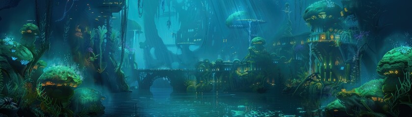 Explorers discover an underwater city on an alien world where bioluminescent forests extend into the depths - obrazy, fototapety, plakaty