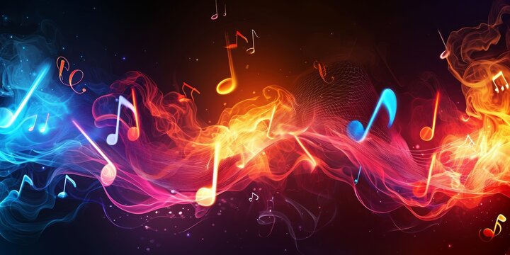 Colorful music notes flying through the air. Brightly colored music notes soar through the air in a dynamic movement.