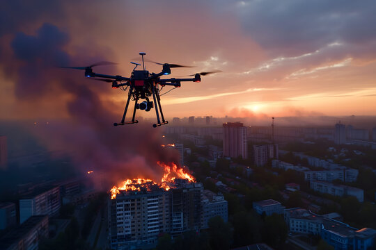 Copter drone over burning city at sunset or sunrise. Neural network generated image. Not based on any actual scene or pattern.