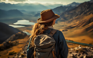 Solo Traveler Enjoying a Mountain View.
A young woman, an embodiment of adventure, stands at the edge of a mountain, gazing into the distance.