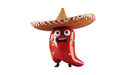 3D cute happy chili pepper character, wearing a mexican hat, isolated on transparent background, cinco de mayo concept, the mexican day of dead, mexican culture