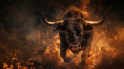 Gloomy bull strides hot crypto ashes - obrazy, fototapety, plakaty
