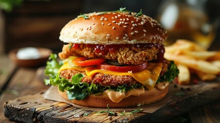 Classic cheeseburger sprinkled with sesame seeds. Fresh and tasty crispy chicken burger