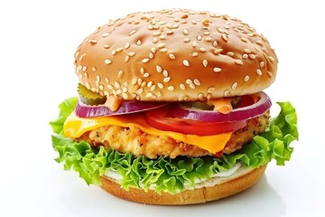 Chicken burger, delicious double burger with crispy chicken meat, salad and sauce isolated