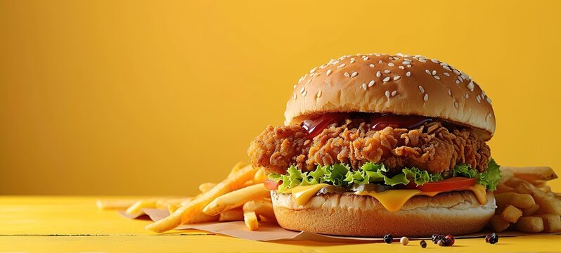 Fresh Big breaded chicken burger with double cutlet, fries and cola on yellow background.