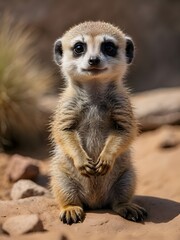 Meerkat on the lookout. A baby meerkat standing upright and scanning its surroundings. Generative AI.
