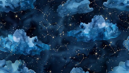 Estores personalizados com sua foto A pattern with watercolor clouds in shades of blue, stars and constellations Generative AI