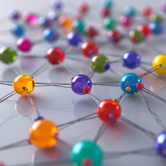 Obraz premium Sphere Connectivity: Visual representation of the communication and connection concept, featuring color spheres interconnected by wires, creating a dynamic network.