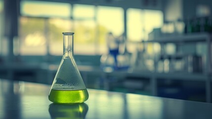 Green Elegance: Beauty of a conical flask revealed with a soothing green hue on a moderately blurred background, showcasing the elegance of scientific aesthetics. - obrazy, fototapety, plakaty