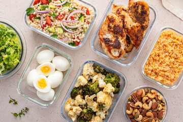 Healthy meal prep with cooked chicken breast, boiled eggs, roasted vegetables, cooked lentils, couscous salad and nuts - 755239851