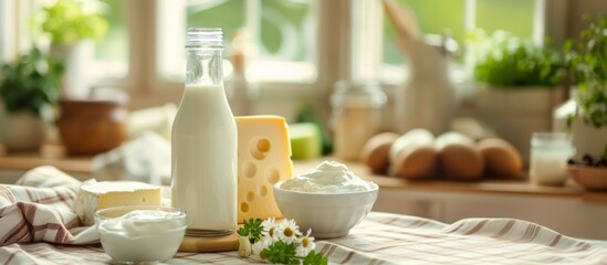 Milk products on a table. Generative AI