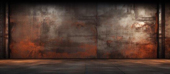 An empty room with a rusted metal sheet covering the wall and floor, showcasing a grungy and dilapidated interior design.