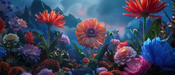 Surreal garden with whimsical oversized flowers that sing in the breeze - obrazy, fototapety, plakaty