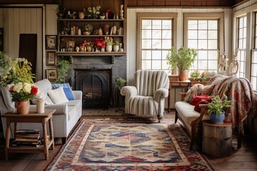 Fototapeta na wymiar Vintage Farmhouse Charm: Braided Rugs in a Cozy Living Room