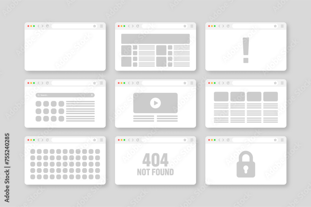Poster web browser window, pages layout with toolbar and search field. modern website, internet page in fla