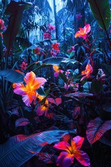 Vivid streaks of light painting trace the contours of exotic flowers set in a lush tropical forest