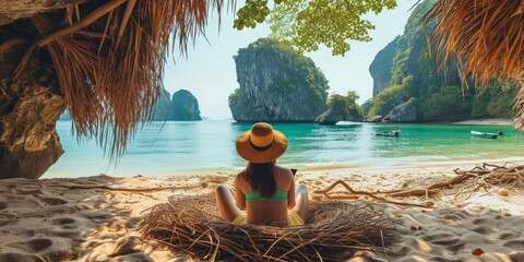 A visitor sits on the shore, admiring the towering limestone cliffs and clear turquoise waters of Railay Beach. - obrazy, fototapety, plakaty