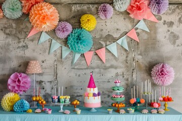 Party Bliss: The image encapsulates the joyous atmosphere of a celebration with birthday party decorations, showcasing cheerful party hats, banners, and whimsical pom-poms.