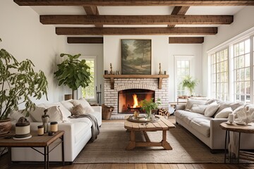 Rustic Wood Beams Highlight Architectural Charm in Vintage Farmhouse Living Room Decor