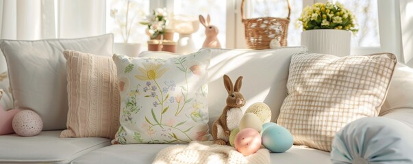 Spring Awakening: Delightful Pastel Throw Pillows with Easter Motifs Brightening Up a Family Living Room