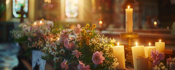 Celebrating Easter with Serenity: A Beautifully Adorned Altar with Candles and Blooming Flowers