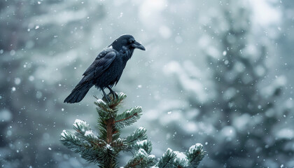 A raven perches on a snowy pine branch, observing its surroundings on a serene winter day