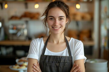 Happy smiling woman pattissier wearing apron with arm cross, Bread and bakery maker - obrazy, fototapety, plakaty