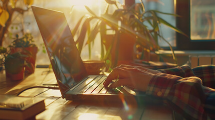 Against the backdrop of a sunlit office space, a person sits at their desk with laptop open