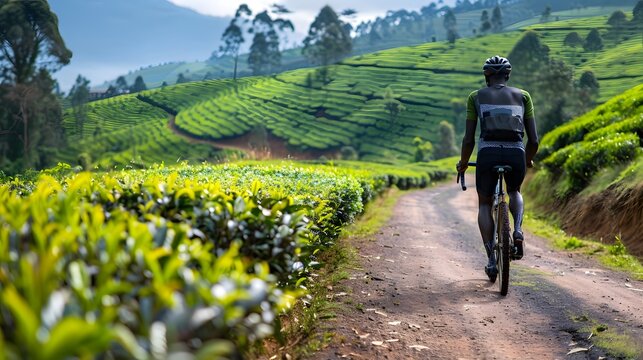 Rear side view Part of African man lower section with shorts cycling on a gravel path between tea plantations