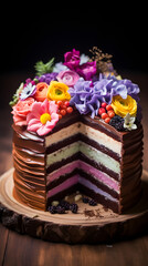 Obraz na płótnie Canvas Rustic Delight: A Mouthwatering Showcase of Multilayered Colorful Cake with Chocolate Frosting