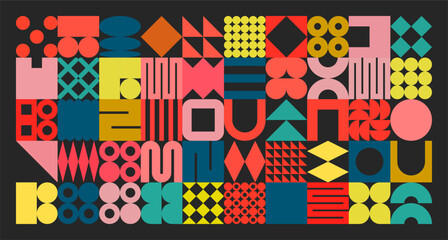 Geometric texture with simple shapes, symbols. Colorful primitive elements and forms. Retro design, trendy contemporary minimalist style. Vector illustration