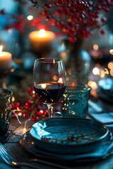 Fototapeta na wymiar festive table for Christmas, New Year, wine in glasses, bokeh, garland light.
