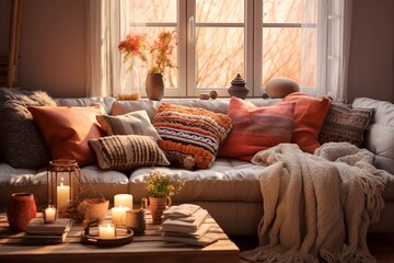 Fototapeta na wymiar Cozy Earth Tones: Warm Living Room Decor with Soft Pillows and Throws