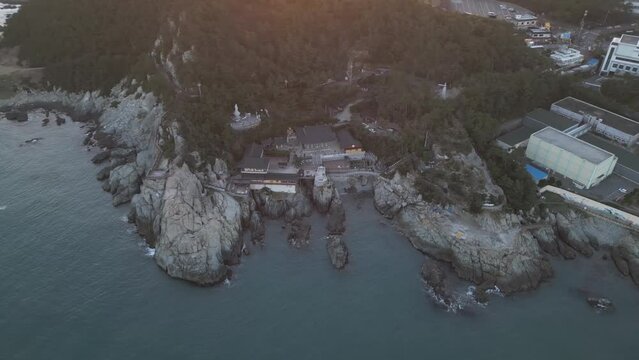 Aerial video from high above the temple in Busan, South Korea