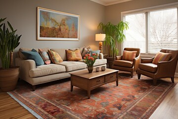Vintage Rug Elegance: Warm Toned Living Room with Earthy Vibes