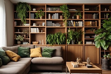 Earthy Vibes: Warm Toned Living Room with Wooden Bookshelves and Green Plants