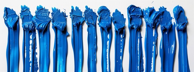 A row of blue paint brushes on a white surface, resembling a circuit component or electronic device...