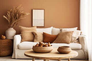 Earthy Vibes: Warm Toned Living Room Decors with Woven Baskets and Natural Textures