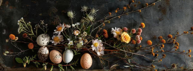 Abwaschbare Fototapete A mix of colorful flowers and a dozen eggs displayed on a table, creating a festive spring or Easterthemed centerpiece © RichWolf