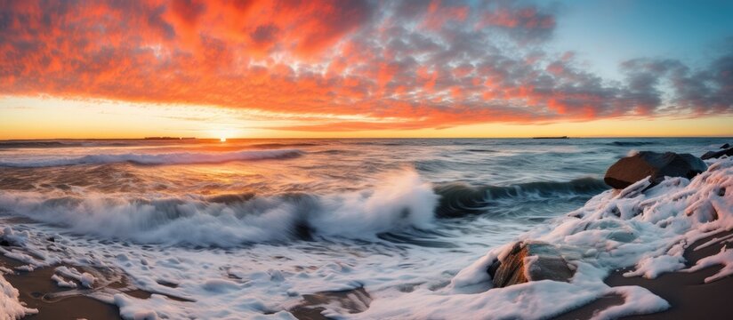 The afterglow of the sunset painted the sky with hues of pink and orange as the waves crashed against the rocks in the tranquil natural landscape