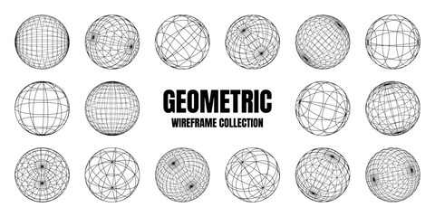 Wireframe shapes, lined sphere. Perspective mesh, 3d grid. Low poly geometric elements. Retro futuristic design elements, y2k, vaporwave and synthwave style. Vector illustration