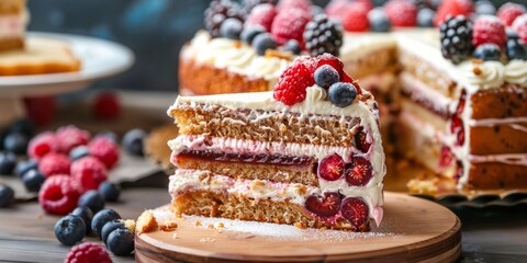 slices of birthday cake adorned with diverse toppings and decorations - obrazy, fototapety, plakaty
