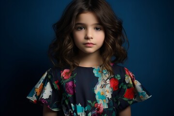 portrait of a beautiful little girl with long curly hair on a blue background