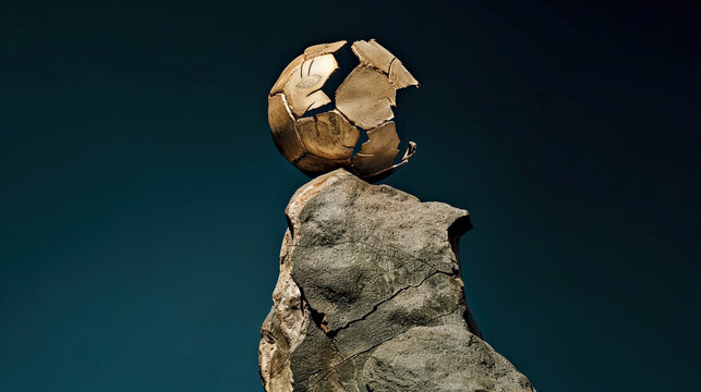 A weathered soccer ball balancing precariously on top of a rugged stone against a dark teal background