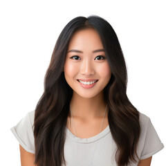Portrait of a young Asian woman smiling and looking happy, isolated on white background
