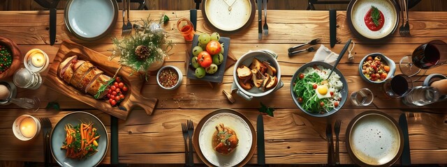 A sturdy hardwood table adorned with plantbased cuisine, featuring an array of colorful vegetable dishes served on elegant wooden tableware - obrazy, fototapety, plakaty