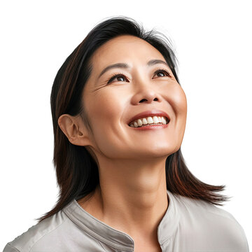 Happy smiling mature Japanese woman, looking up, isolated on transparent background